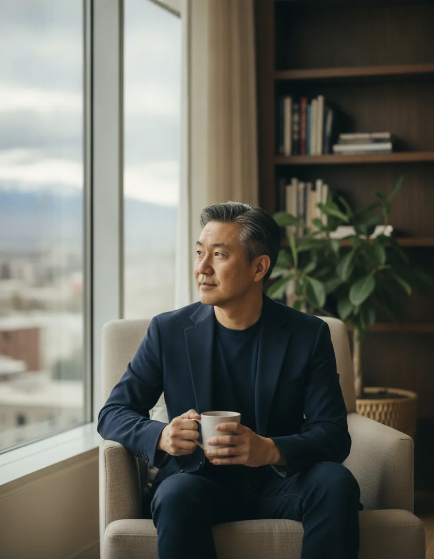 Man sitting by a window in a Denver therapy room