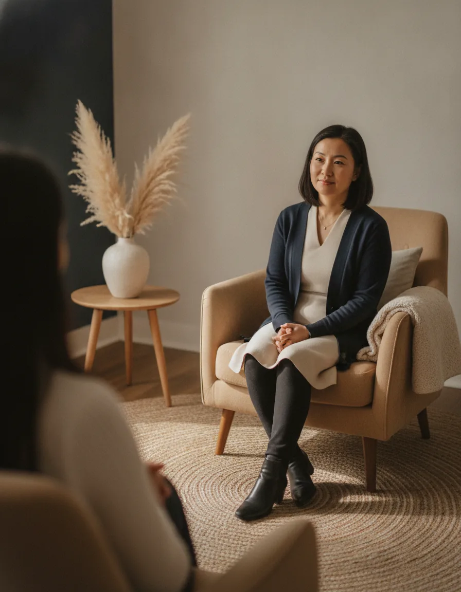 Therapist and client in a trauma and PTSD therapy session at a Denver office.