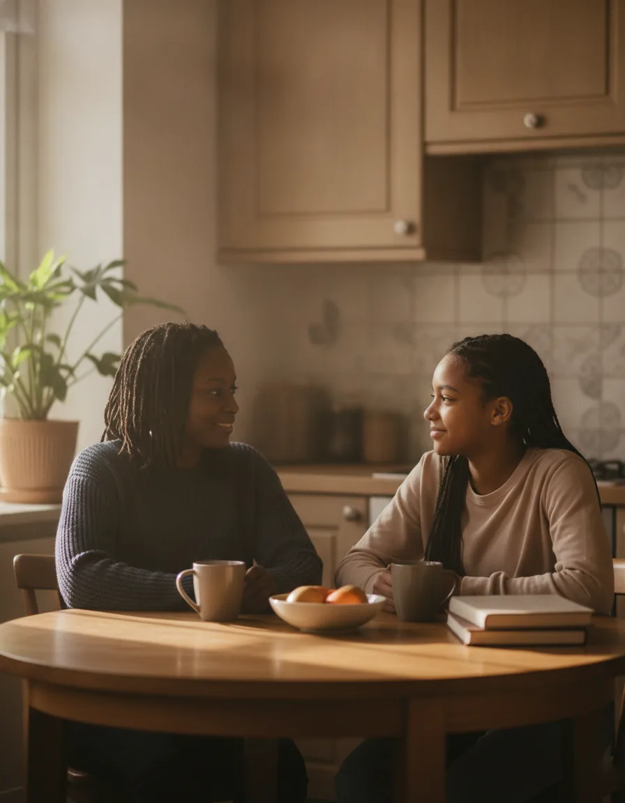A parent and teenager talking at home in Denver