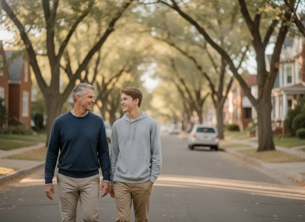 A parent and teenager walking together in Denver